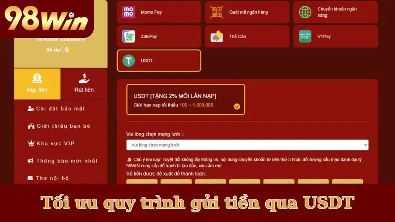 Tối ưu quy trình gửi tiền qua USDT